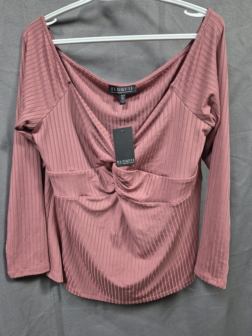 Eloquii Rose-Mauve Ribbed Twist-Front Long Sleeve Top